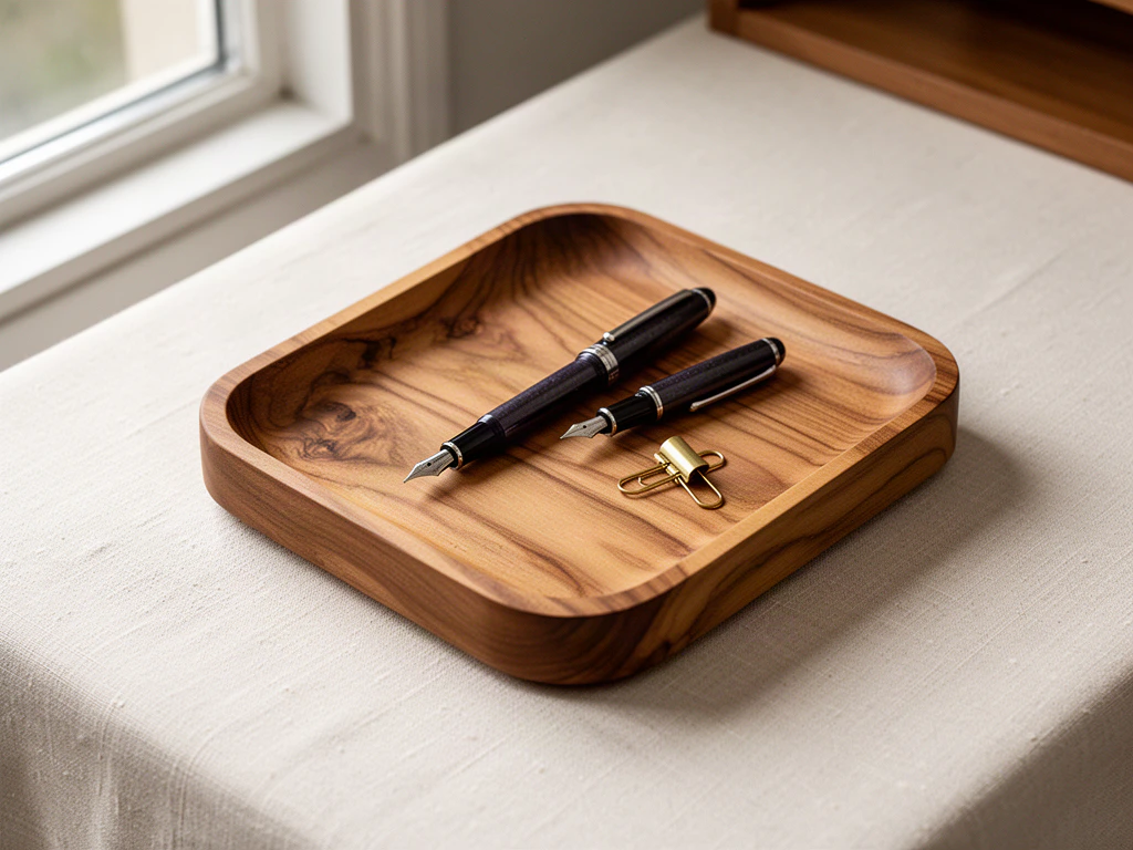Cedar Desk Tray holding two fountain pens and a brass clip on ivory linen.